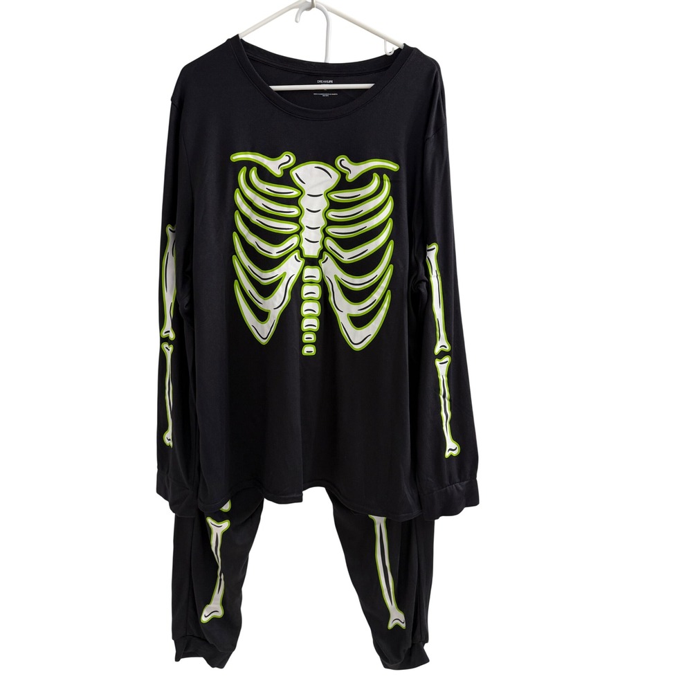 Dream Life Sleepwear Skeleton Pajama Set XL Black Neon Green Halloween DLM-3063